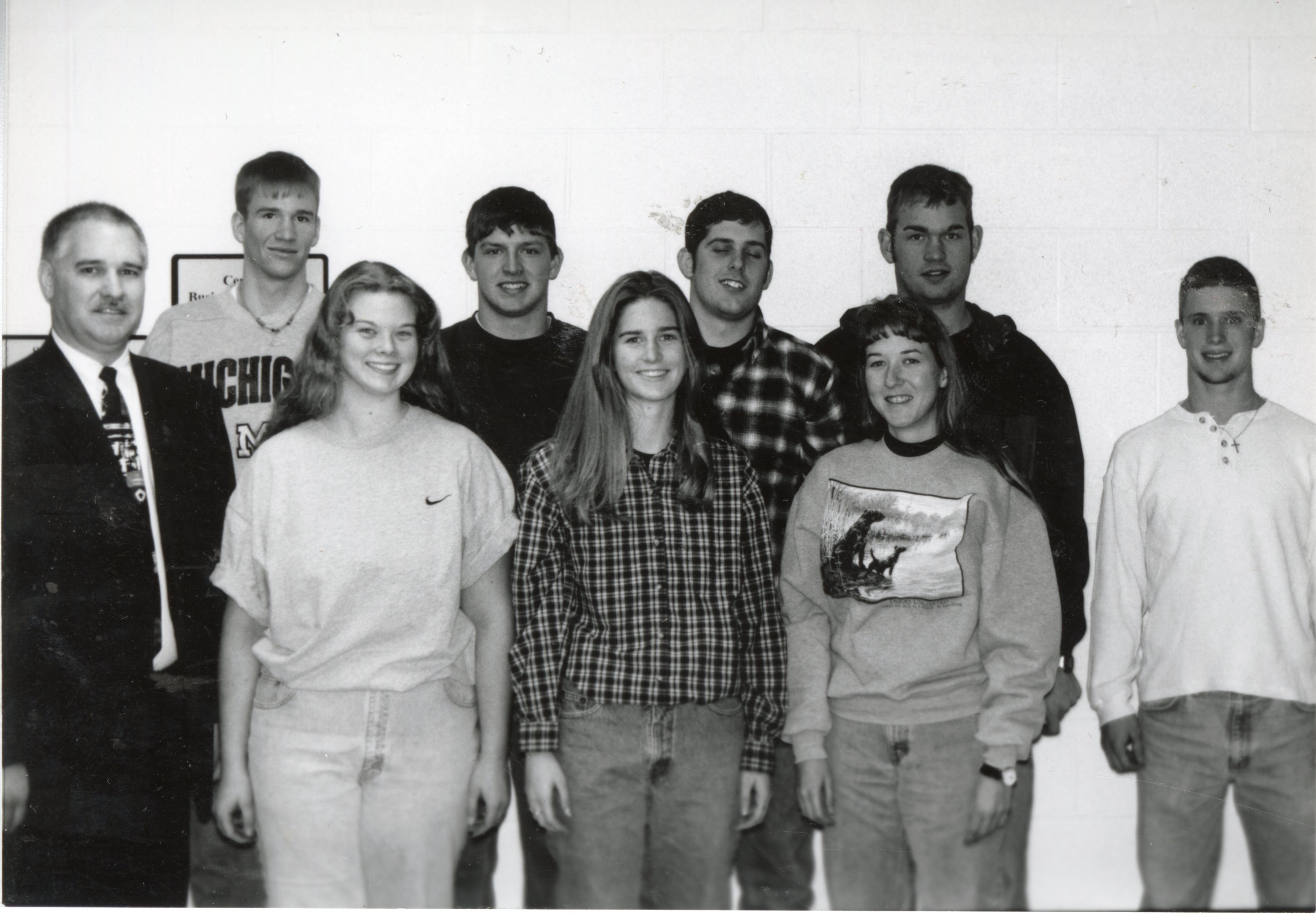 1998  Tri-State Agriculture Education Foundation scholarship recipients left to right: Jeff Burgus, Foundation Treasurer, Allen Wiseman, Misty Lloyd, Brian Randall, Tracy Vorwerk, Tony Durr, Sarah Hicks-Harshbarger, Ben Torrance, and Troy Bisgard