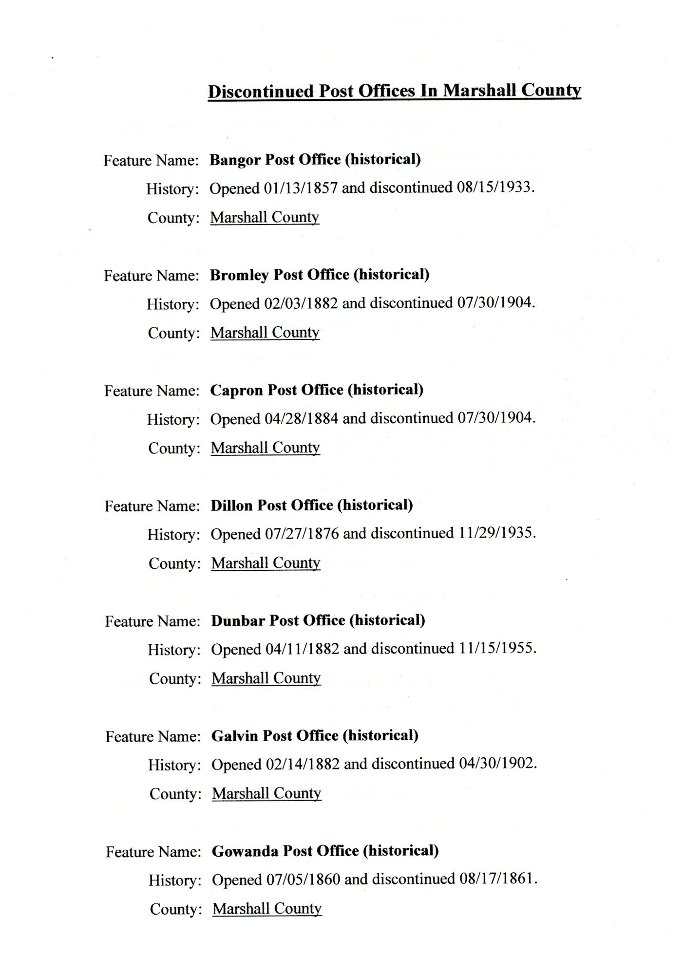Discontinued U. S. Post Offices in Marshall County
