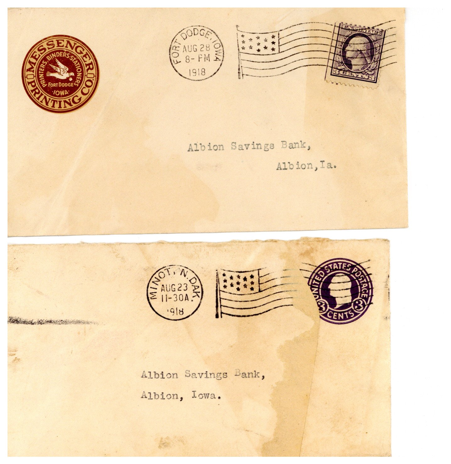 1918 post marked envelopes to Albion Bank
