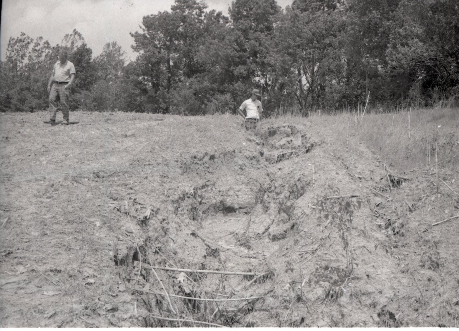 Two men in field by ravine
