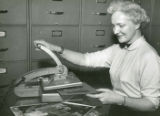 Dorothy Kehlenbeck using a dry mounting press, 1954