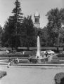 Campanile and Memorial Union fountain, 1949
