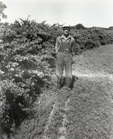 Unidentified Man Wears Hat, Overalls and Glasses Stands by Bushes in Grassy Field