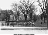 Battalion and military band in formation on Pentacrest, The University of Iowa, 1918