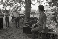 Men stand under tree during a meeting