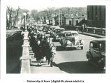 Iowa football fans walking and driving to game, The University of Iowa, November 11, 1939?