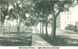 Sidewalk up Washington Street from the Main Library facing Engineering Building and MacLean Hall, The University of Iowa, 1930s