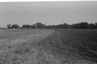 Plowed Farmland with Hay Bales in Back