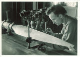 Engineering student working on propeller blade, The University of Iowa, 1950s