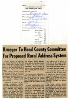Krueger to head county committee for proposed rural address system. 