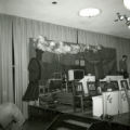 The stage set up for the Les Elgart band with a backdrop of a train for the Homecoming Dance, 1965