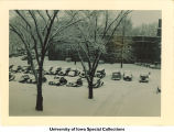Quadrangle Residence Hall after snowstorm, The University of Iowa, January 1947