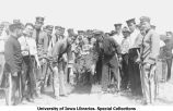 Cadets having fun with man on stretcher, Camp Macbride, The Universty of Iowa, 1914