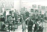 Art students painting in studio with Jackson Pollock murall, The University of Iowa, January 10, 1952
