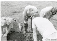 1979  Three  men bending over in field watching fourth mail insert tile in field