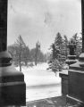 Campanile framed by Beardshear columns in winter, 1948