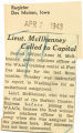 Lieut. McIlhenney called to capital