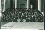 Scottish Highlanders on steps of Old Capitol, The University of Iowa, November 25, 1952