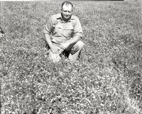 Man in White Overalls Kneels in Tall Grass