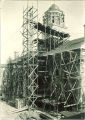 Scaffolding surrounding the Old Capitol during reconstruction, The University of Iowa, between 1921 and 1922