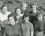 Homecoming Queen candidates, posing near railroad tracks, Homecoming, 1950