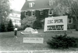 Alpha Gamma Delta  lawn display, ""Menu I.S.C. Special Tigerburgers."" for Homecoming