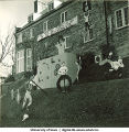 Beta Theta Pi fraternity house decorated for Homecoming, The University of Iowa, November 1940