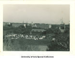 View of library, temporary housing, and Pentacrest from the roof of Hillcrest dormitory, The University of Iowa, 1940s