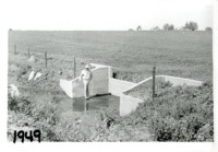 Tom Lewis standing next to a weir notch, 1949