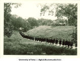 Commencement procession walking on path near Quadrangle Residence Hall and heading west towards Field House, The University of Iowa, June 1929