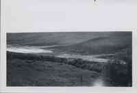Contoured farmland with standing water near a gully