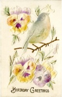 Birthday Greeting Card with Pansies and Bird