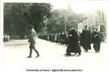 Commencement procession with former University President Thomas Macbride on right, The University of Iowa, June 1921