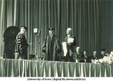Inauguration ceremony with new University President Eugene Gilmre, left, and former President John Bowman, center, The University of Iowa, October 4, 1934