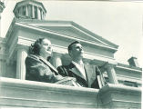 Students standing in front of the Old Capitol west portico, The University of Iowa, 1948