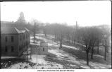 Campus view from Old Science Hall of oak trees west of Old Dental Building and the Observatory, The University of Iowa, 1900s