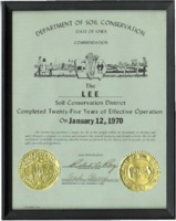 Commemorative plaque honoring Lee County Soil Conservation Districts' twenty-five years of operation. 