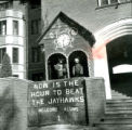 Stevenson House lawn display, ""Now is the Hour to Beat the Jayhawks"", Homecoming, 1958