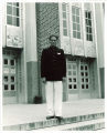 Visiting librarian Armanath Sharma in front of Main Library, The University of Iowa, 1955
