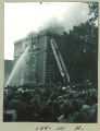 Crowd watching building on fire, Chemistry Building, The University of Iowa, 1950s