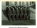 Cadets of the 2nd Platoon (?) on steps of the Old Capitol, The University of Iowa, ca. 1943