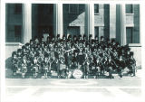 Scottish Highlanders posed on steps of Old Capitol, The University of Iowa, October 24, 1943