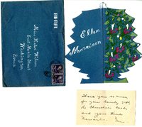 Ellen Morrison Christmas card to Helen Patricia (Patsy) Wilson exchanging bookplates and best wishes. 