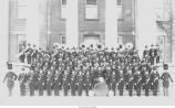 ROTC military band on Old Capitol steps, The University of Iowa, ca. 1918