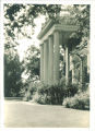 Lush garden around the front portico of the university president's house, The University of Iowa, 1930s