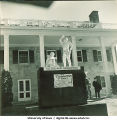 Homecoming monument in front of Delta Upsilon Fraternity house, The University of Iowa, November 1940