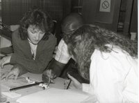 1988  Kathy Baughman, Terry Cosby, and Lisa Neidermayer work on a project for the Des Moines County Soil and Water Conservation District