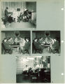 Students listening to records in a lounge, talking at tables, and getting haircuts in a barbershop in Quadrangle Hall, The University of Iowa, 1949