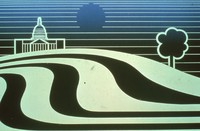 Contoured land with government building imagery.