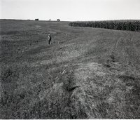 Farmer Stands in a Pasture Close to Corn Ffield